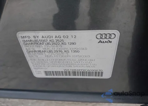 2012 Audi Q5 3.2 Premium from USA, damaged, VIN WA1WKAFPXCA090670